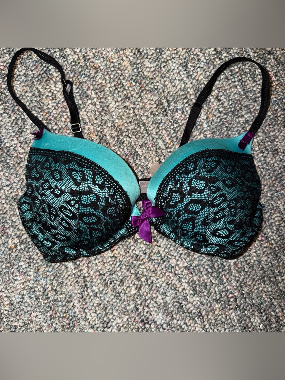 Victoria’s Secret Teal and Black Lace Push-Up Bra with Purple Accent